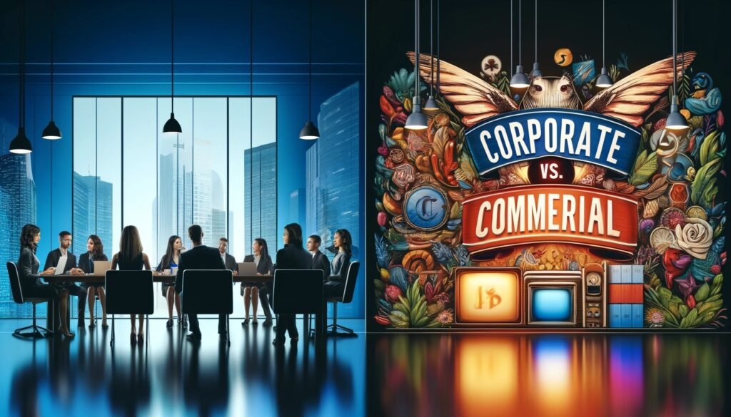 On the left side is a picture of people in a meeting, on the right side is a sign that says corporate vs. commerical