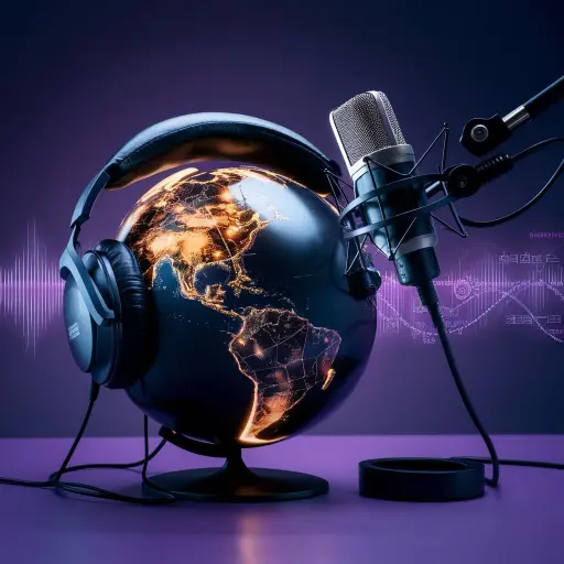 Image of a globe with headphones on in front of a microphone to depict voiceover localisation - a service that voiceovercafe.co.uk voiceover agency provides