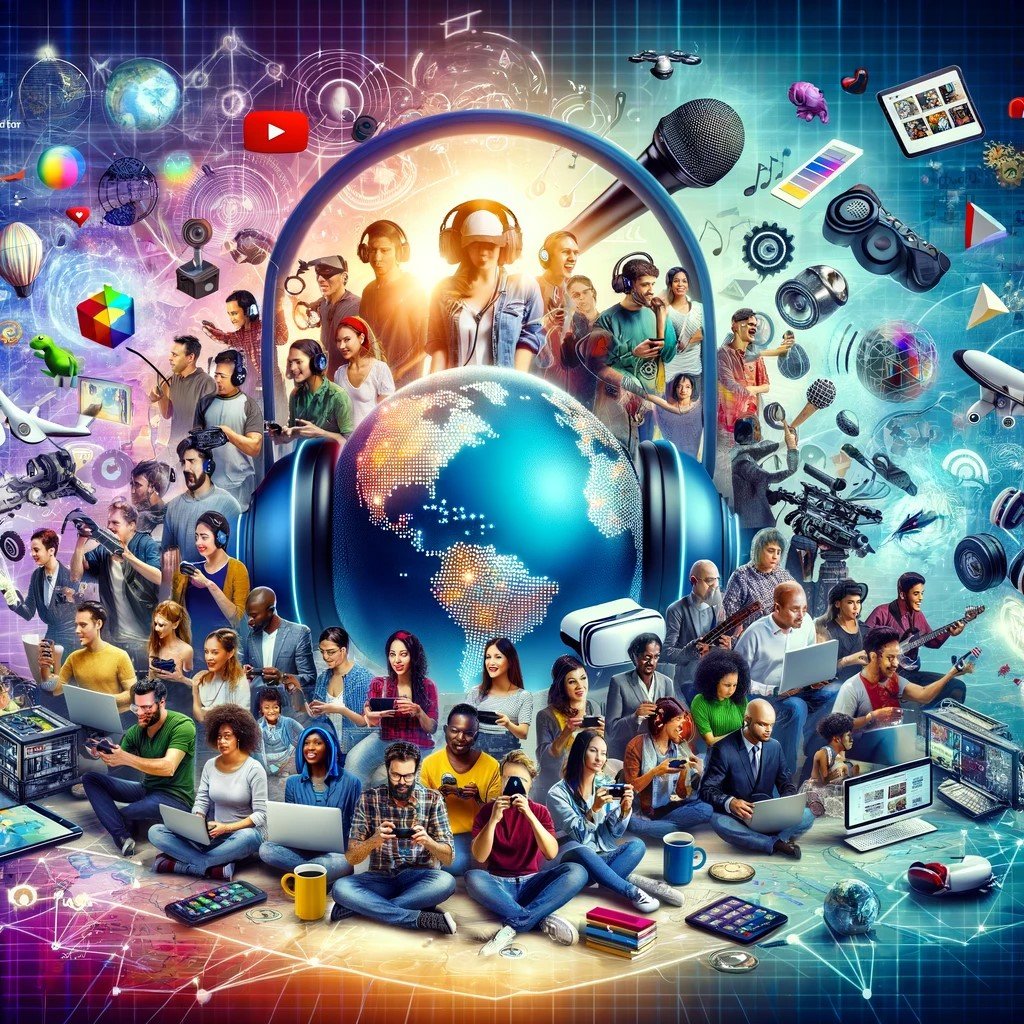 a globe with headphones on and people surrouding it using different social media channels