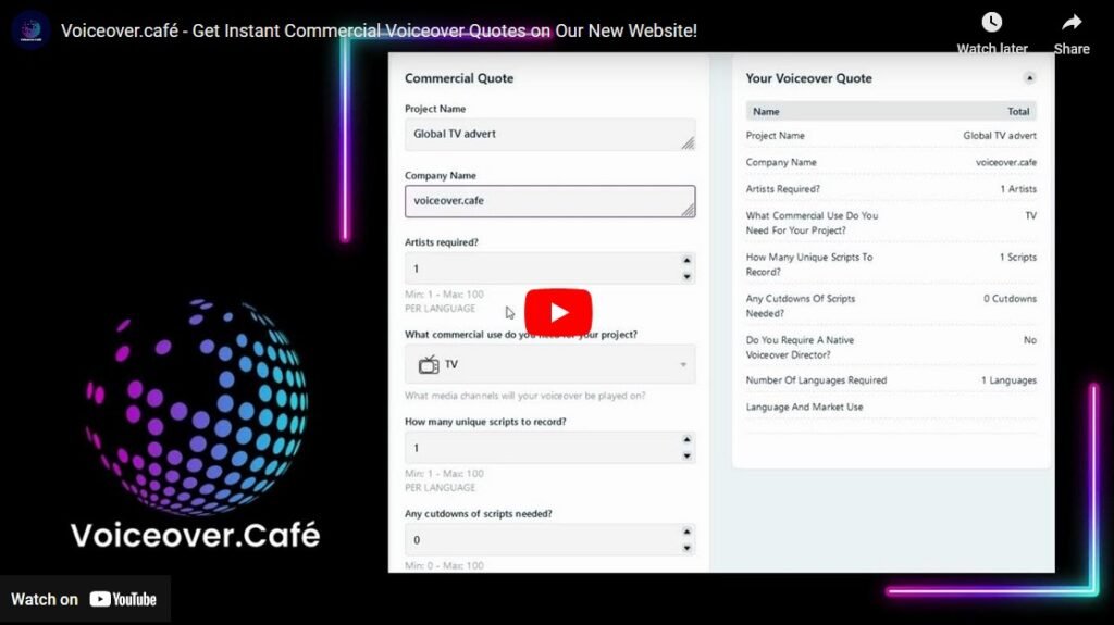 Instant commerical voiceover quote you tube demo screenshot