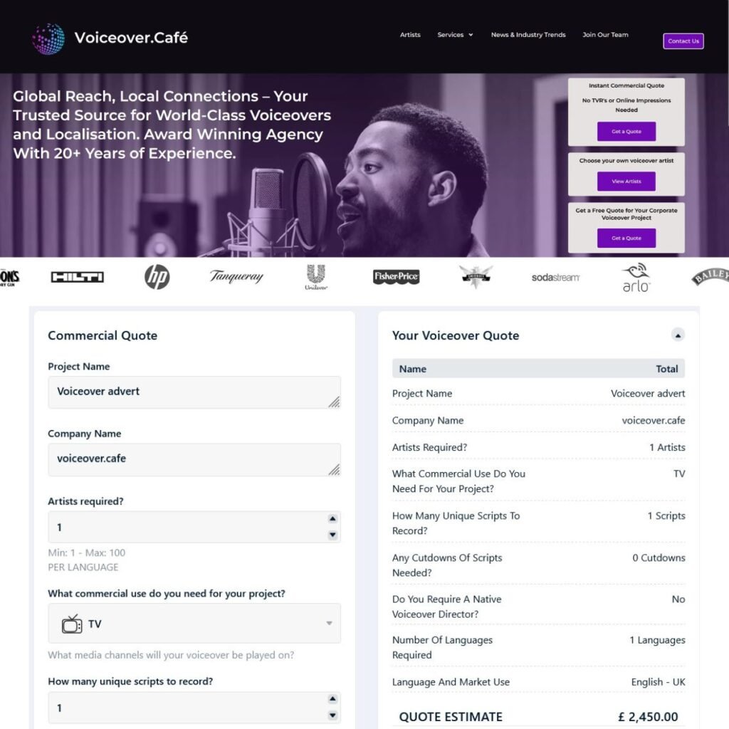 voiceovercafe.co.uk home page screenshot with quote calculator